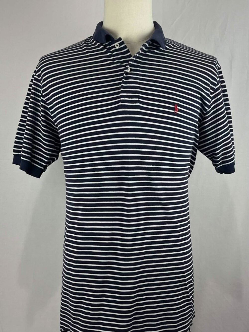 GUC Polo Ralph Lauren Mens Navy Blue White Striped Short Sleeve Size L